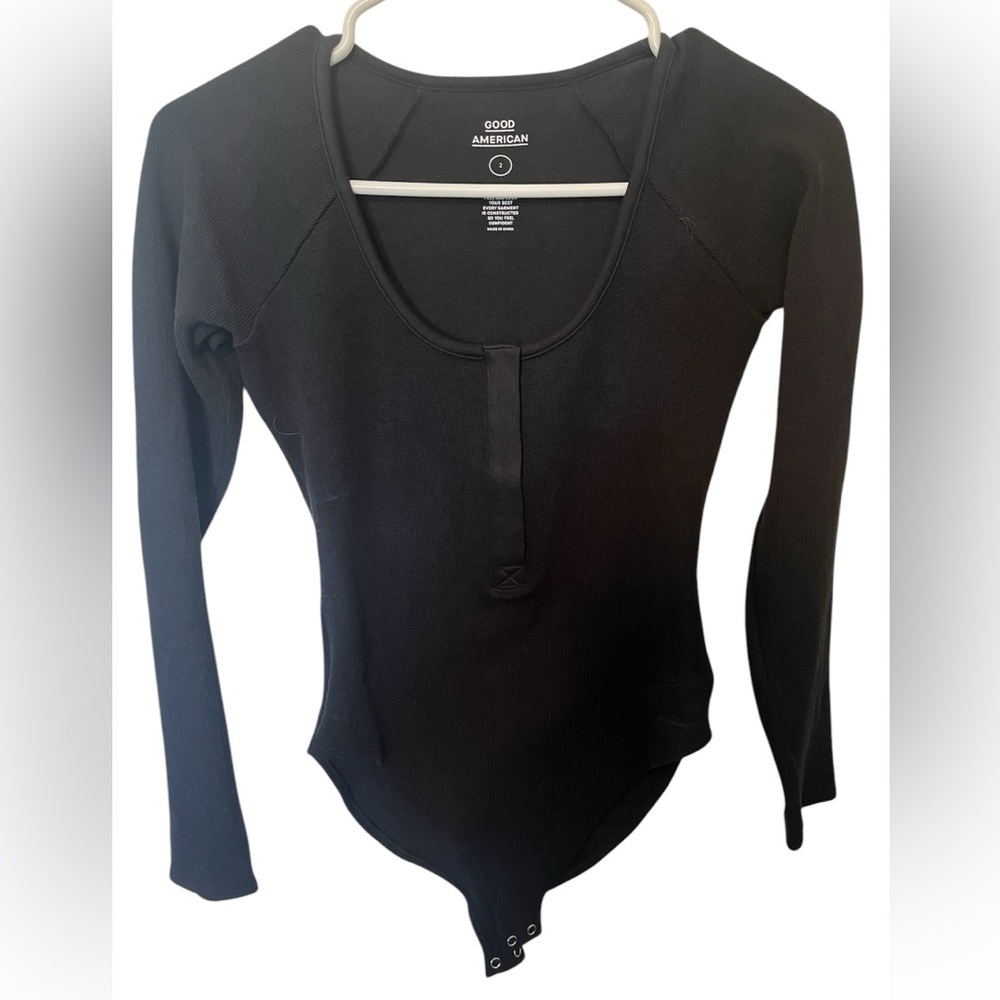 Good American Feel Good Ribbed Long Sleeve Henley Bodysuit Black 2 / Medium